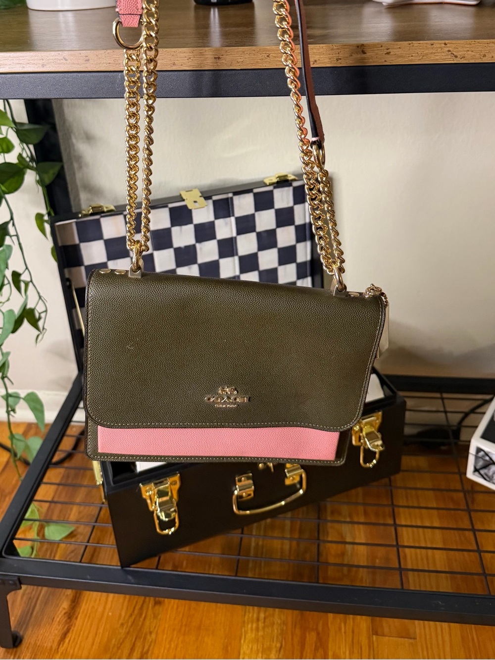 Coach Dark Olive Green & Pink Colorblock Chain Shoulder / Crossbody Bag